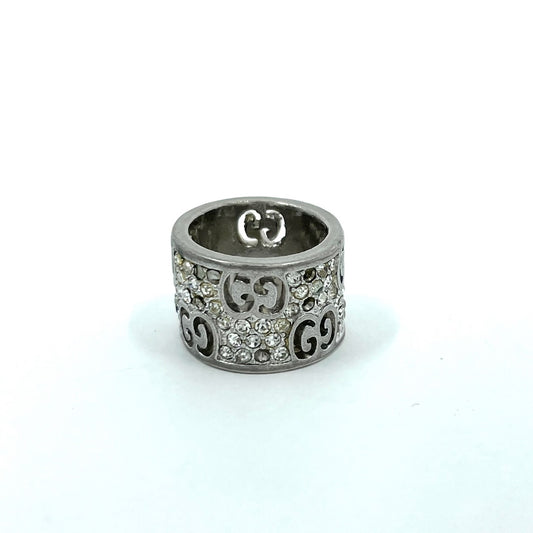GUCCI グッチ インターロッキングG ラインストーン リング シルバー 銀 ワイド 幅広 デザイン 指輪 ユニセックス 正規品 I1