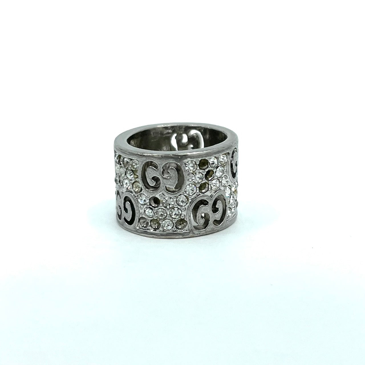GUCCI グッチ インターロッキングG ラインストーン リング シルバー 銀 ワイド 幅広 デザイン 指輪 ユニセックス 正規品 I1