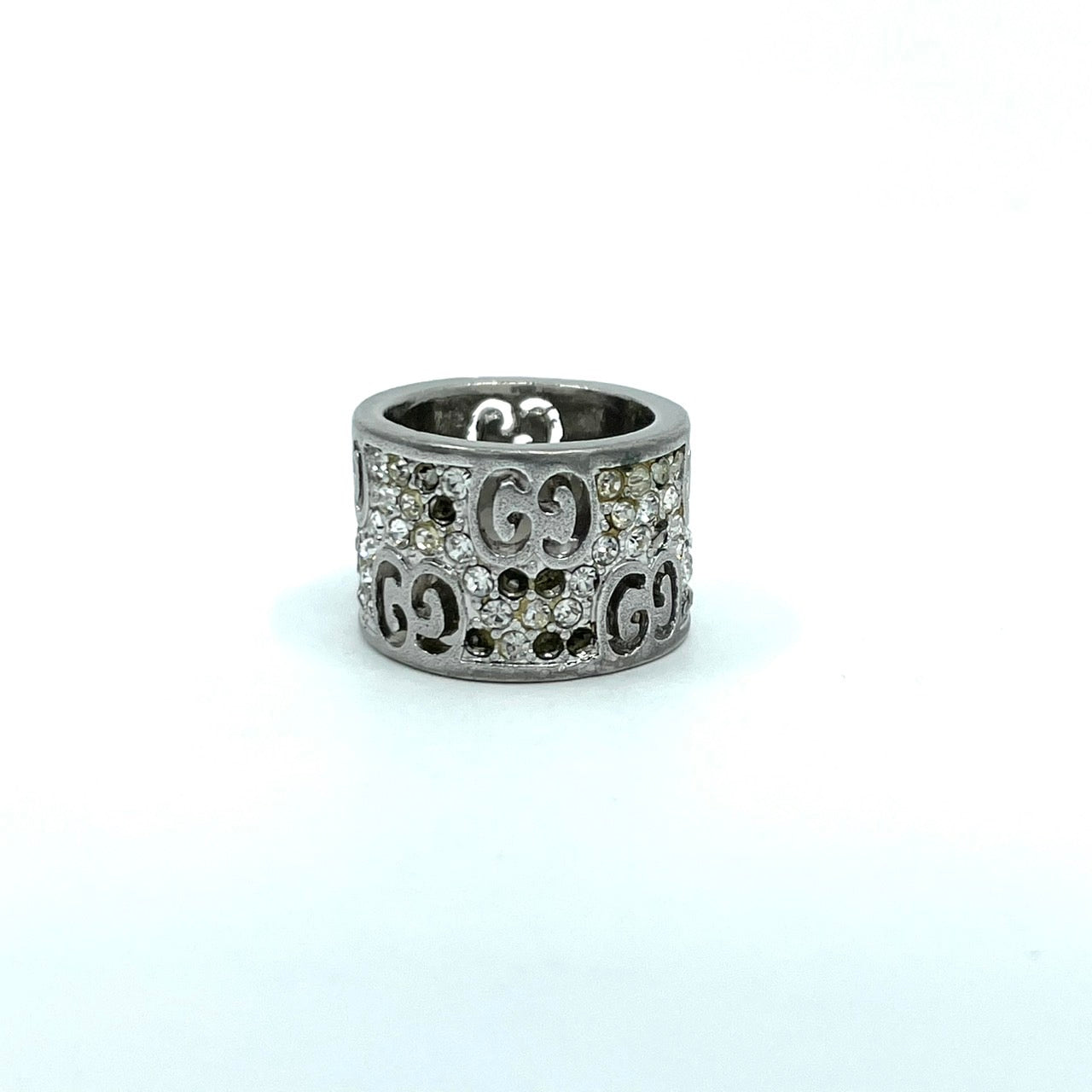 GUCCI グッチ インターロッキングG ラインストーン リング シルバー 銀 ワイド 幅広 デザイン 指輪 ユニセックス 正規品 I1