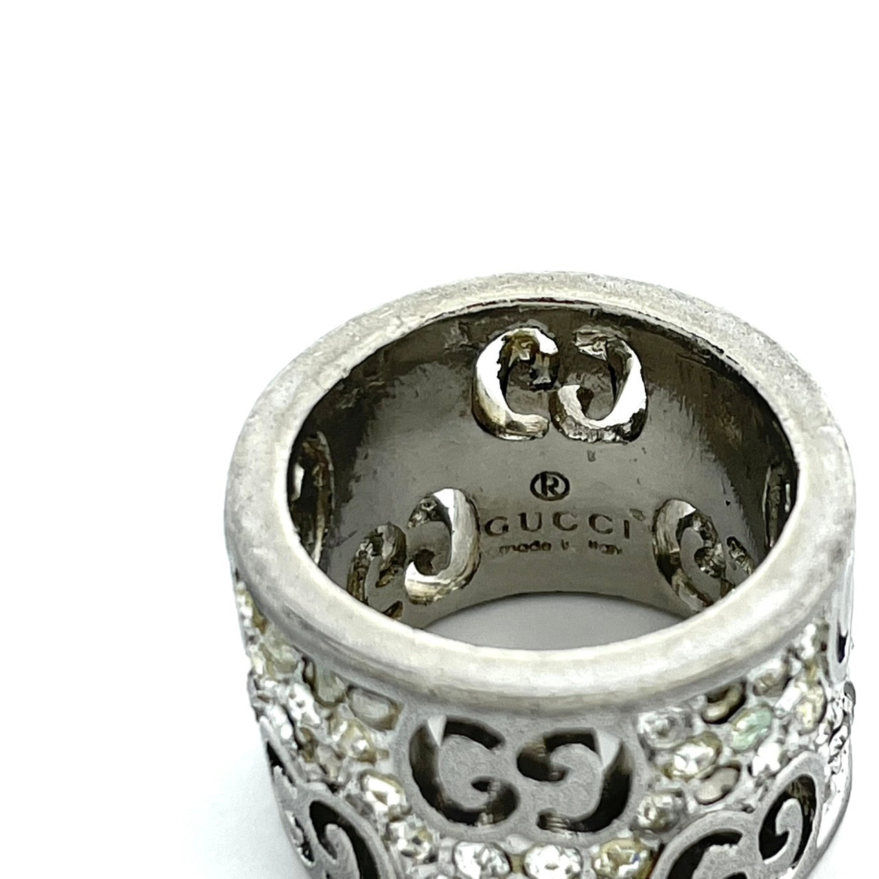 GUCCI グッチ インターロッキングG ラインストーン リング シルバー 銀 ワイド 幅広 デザイン 指輪 ユニセックス 正規品 I1