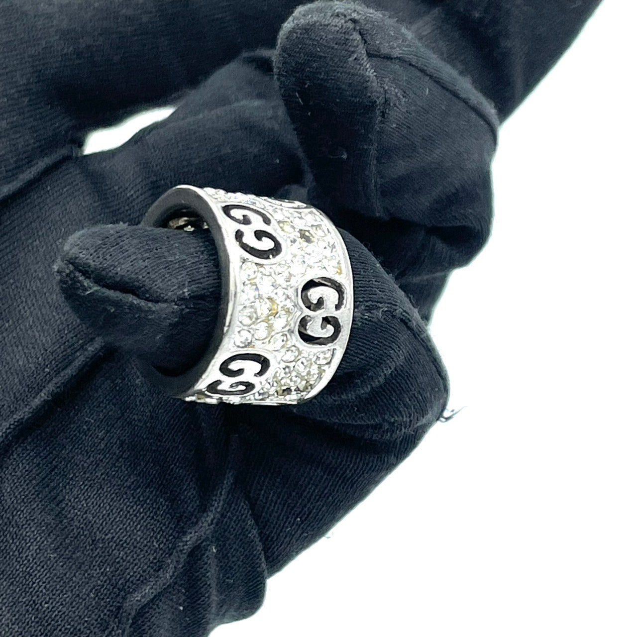 GUCCI グッチ インターロッキングG ラインストーン リング シルバー 銀 ワイド 幅広 デザイン 指輪 ユニセックス 正規品 I1
