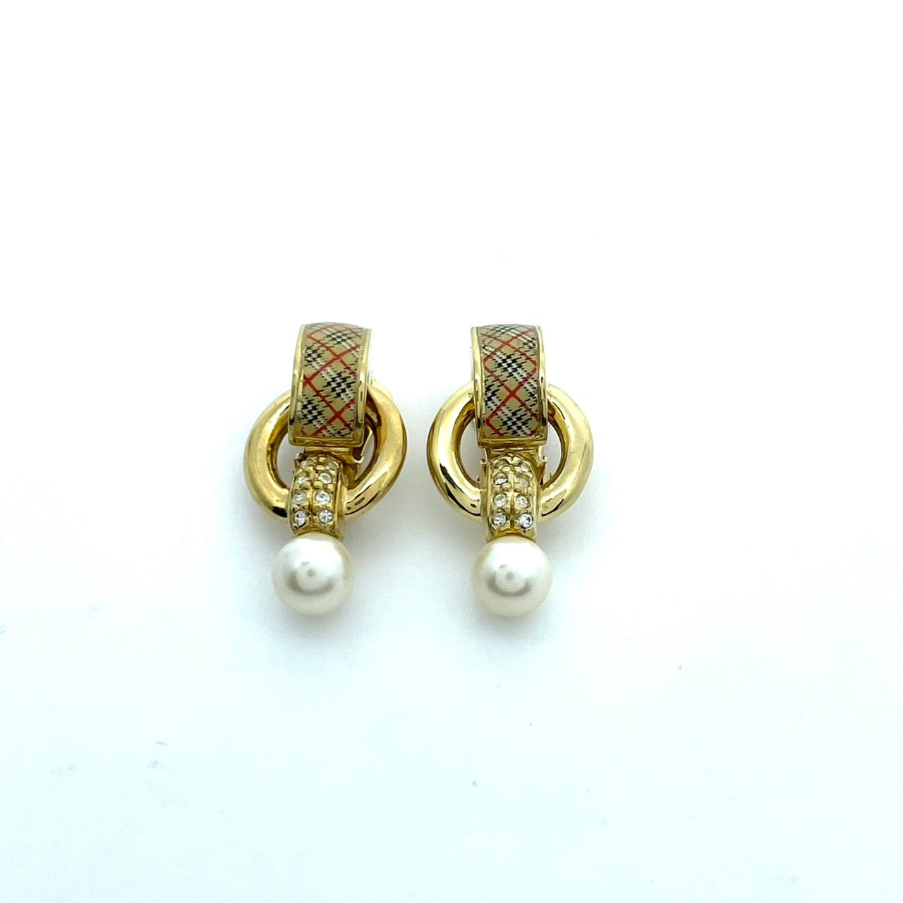 美品 BURBERRY バーバリー ノバチェック イヤリング ゴールド×クリスタル パール調チャーム ヴィンテージ アクセサリー 正規品 金 ラインストーン I1