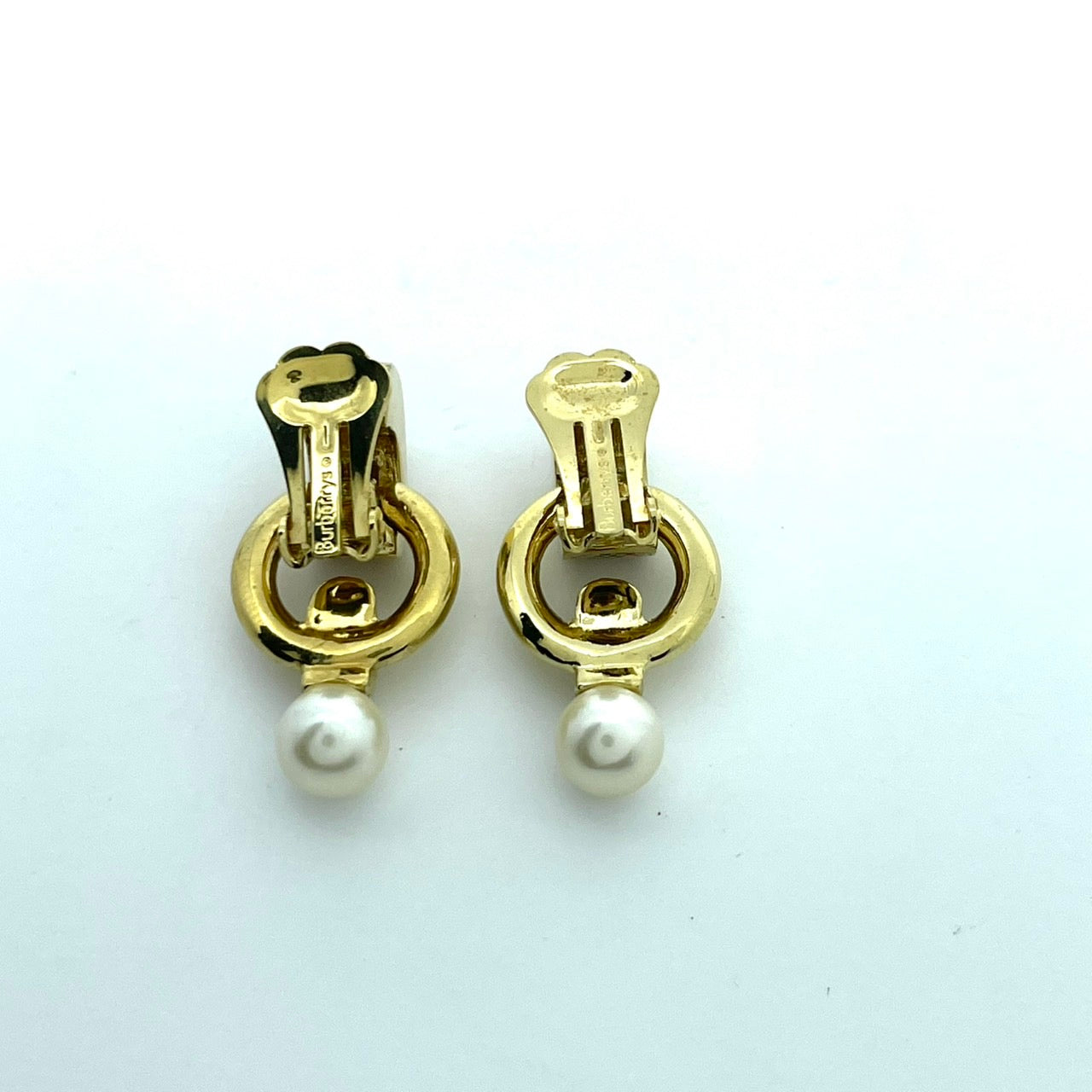 美品 BURBERRY バーバリー ノバチェック イヤリング ゴールド×クリスタル パール調チャーム ヴィンテージ アクセサリー 正規品 金 ラインストーン I1