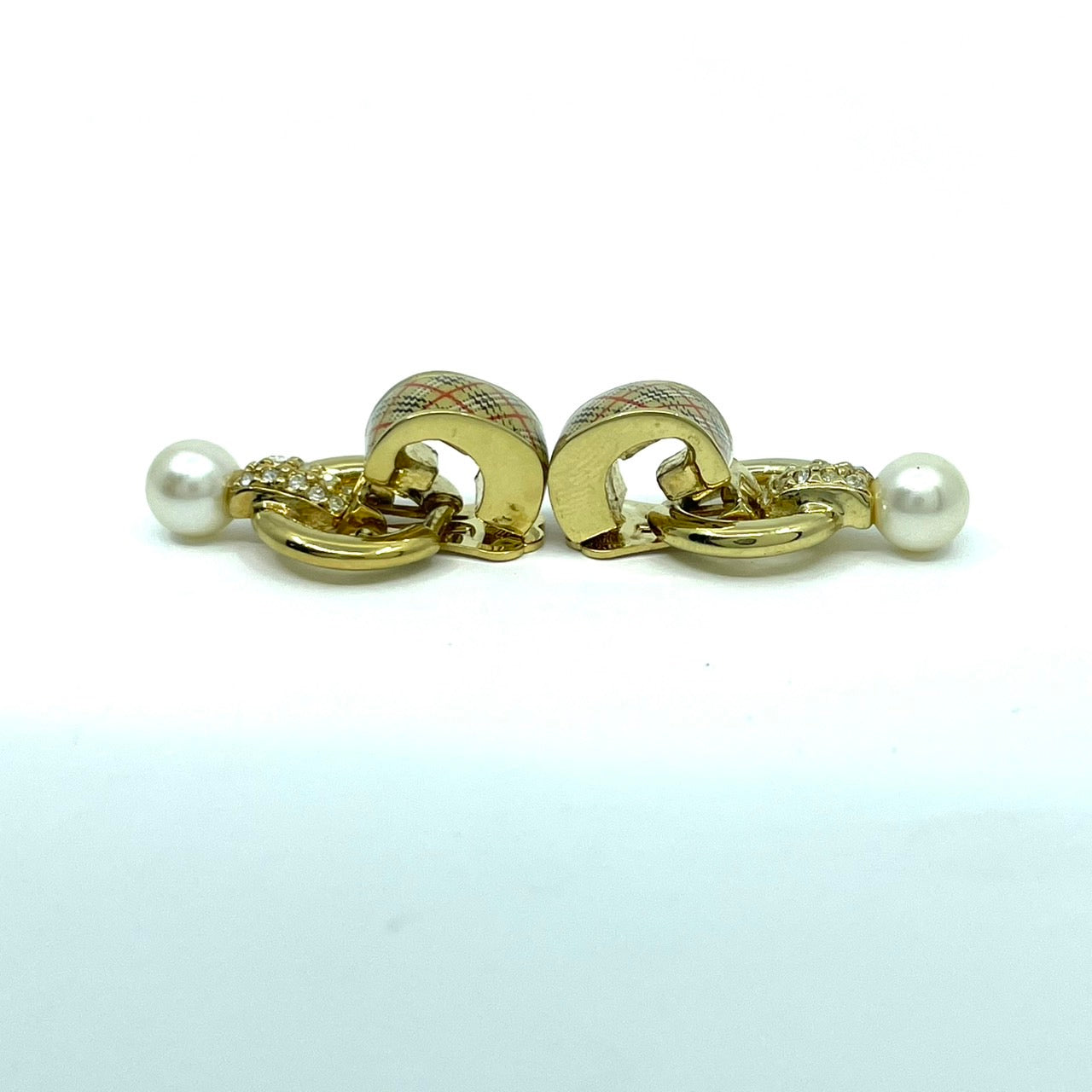 美品 BURBERRY バーバリー ノバチェック イヤリング ゴールド×クリスタル パール調チャーム ヴィンテージ アクセサリー 正規品 金 ラインストーン I1