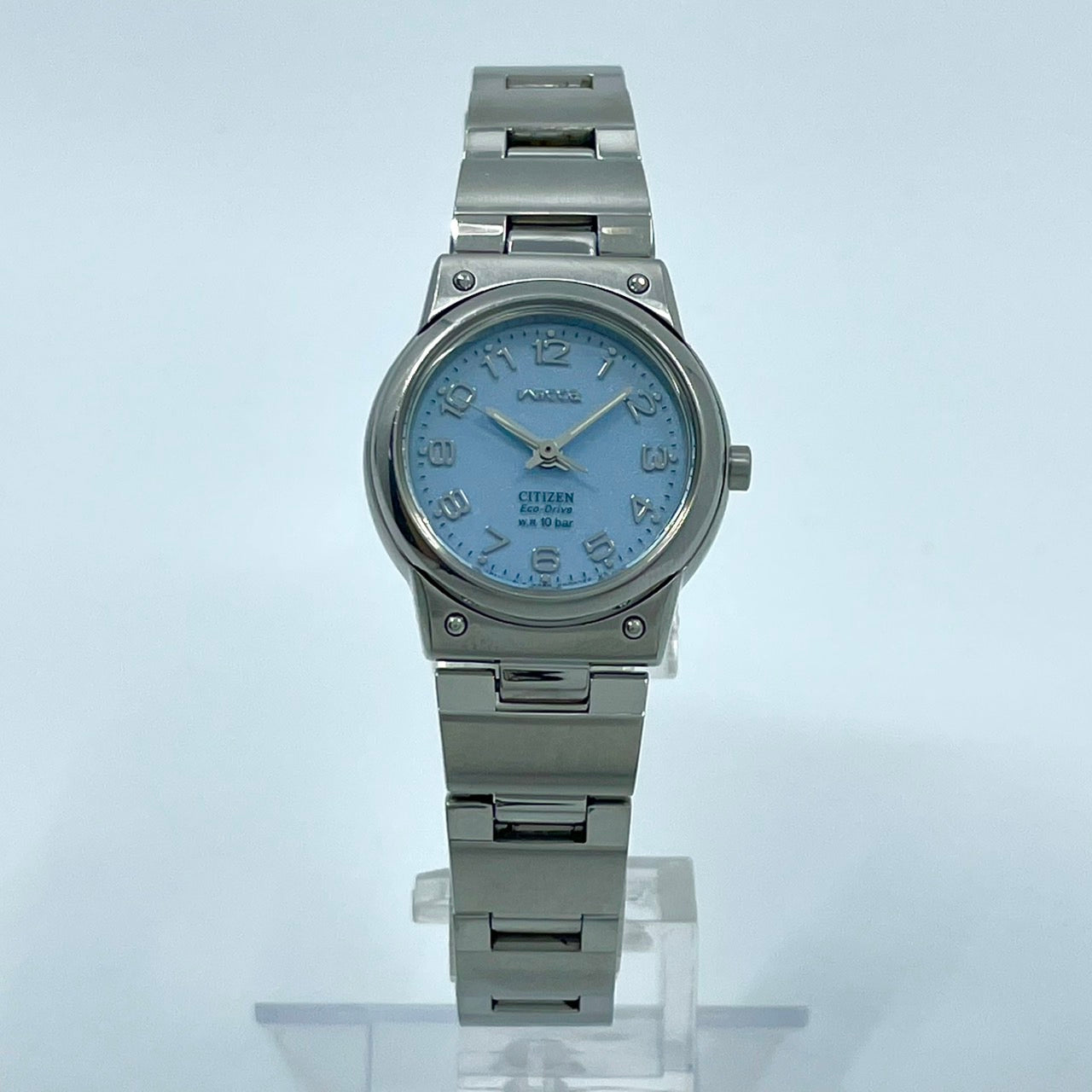 【稼働品】シチズン ウィッカ 腕時計 E030-S001935 エコドライブ レディース ソーラー ブルー文字盤 アナログ かわいい フェミニン カジュアル ビジネス オフィス 人気モデル 10気圧防水 シルバー 洗練デザイン クリーニング済み G4