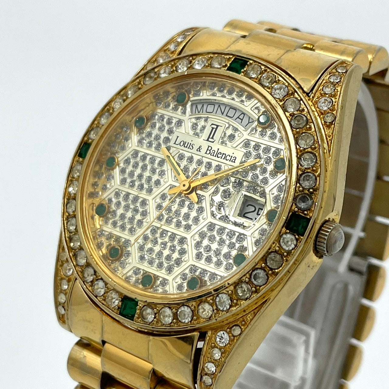 【電池交換済】Louis & Balencia ルイスアンドバレンシア レディース腕時計 クオーツ ゴールド ラインストーン エメラルド ハニカム文字盤 デイデイト カレンダー アナログ ゴージャス エレガント クラシックデザイン クリーニング済 G4