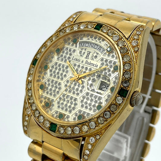【電池交換済】Louis & Balencia ルイスアンドバレンシア レディース腕時計 クオーツ ゴールド ラインストーン エメラルド ハニカム文字盤 デイデイト カレンダー アナログ ゴージャス エレガント クラシックデザイン クリーニング済 G4