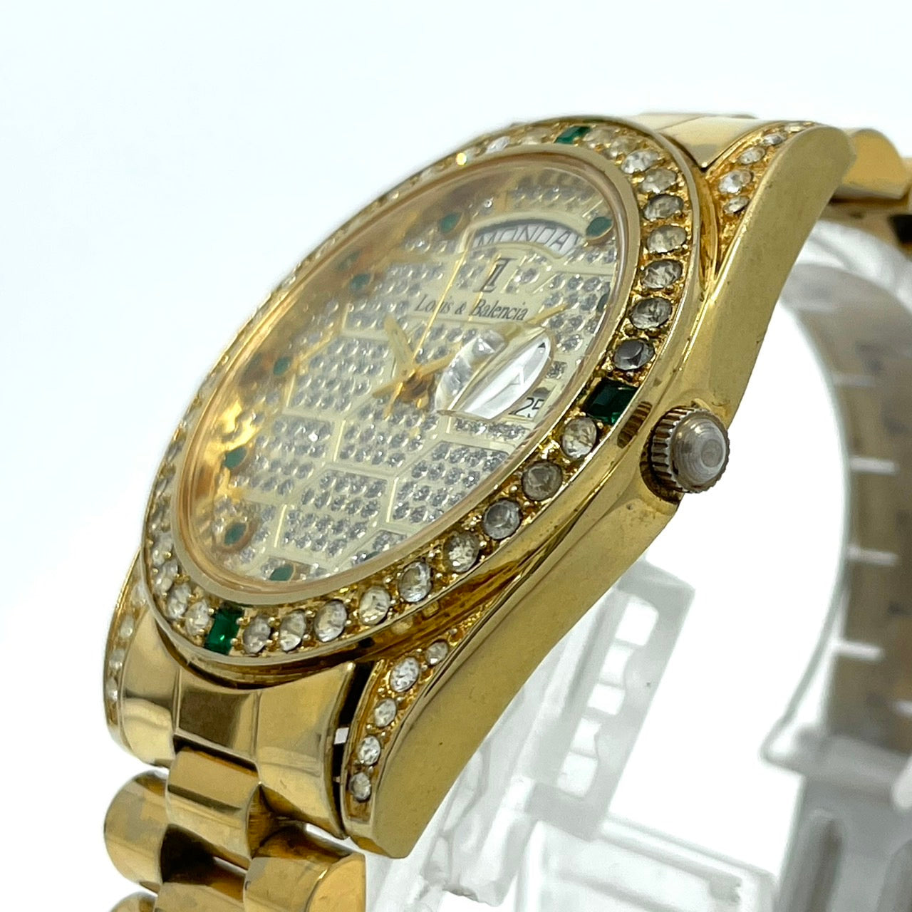 【電池交換済】Louis & Balencia ルイスアンドバレンシア レディース腕時計 クオーツ ゴールド ラインストーン エメラルド ハニカム文字盤 デイデイト カレンダー アナログ ゴージャス エレガント クラシックデザイン クリーニング済 G4