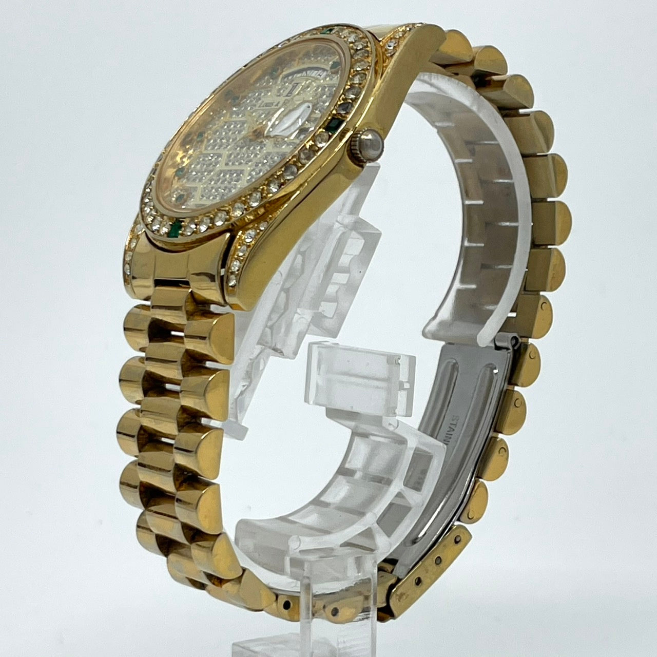 【電池交換済】Louis & Balencia ルイスアンドバレンシア レディース腕時計 クオーツ ゴールド ラインストーン エメラルド ハニカム文字盤 デイデイト カレンダー アナログ ゴージャス エレガント クラシックデザイン クリーニング済 G4