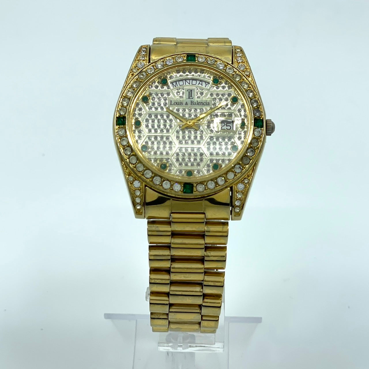 【電池交換済】Louis & Balencia ルイスアンドバレンシア レディース腕時計 クオーツ ゴールド ラインストーン エメラルド ハニカム文字盤 デイデイト カレンダー アナログ ゴージャス エレガント クラシックデザイン クリーニング済 G4