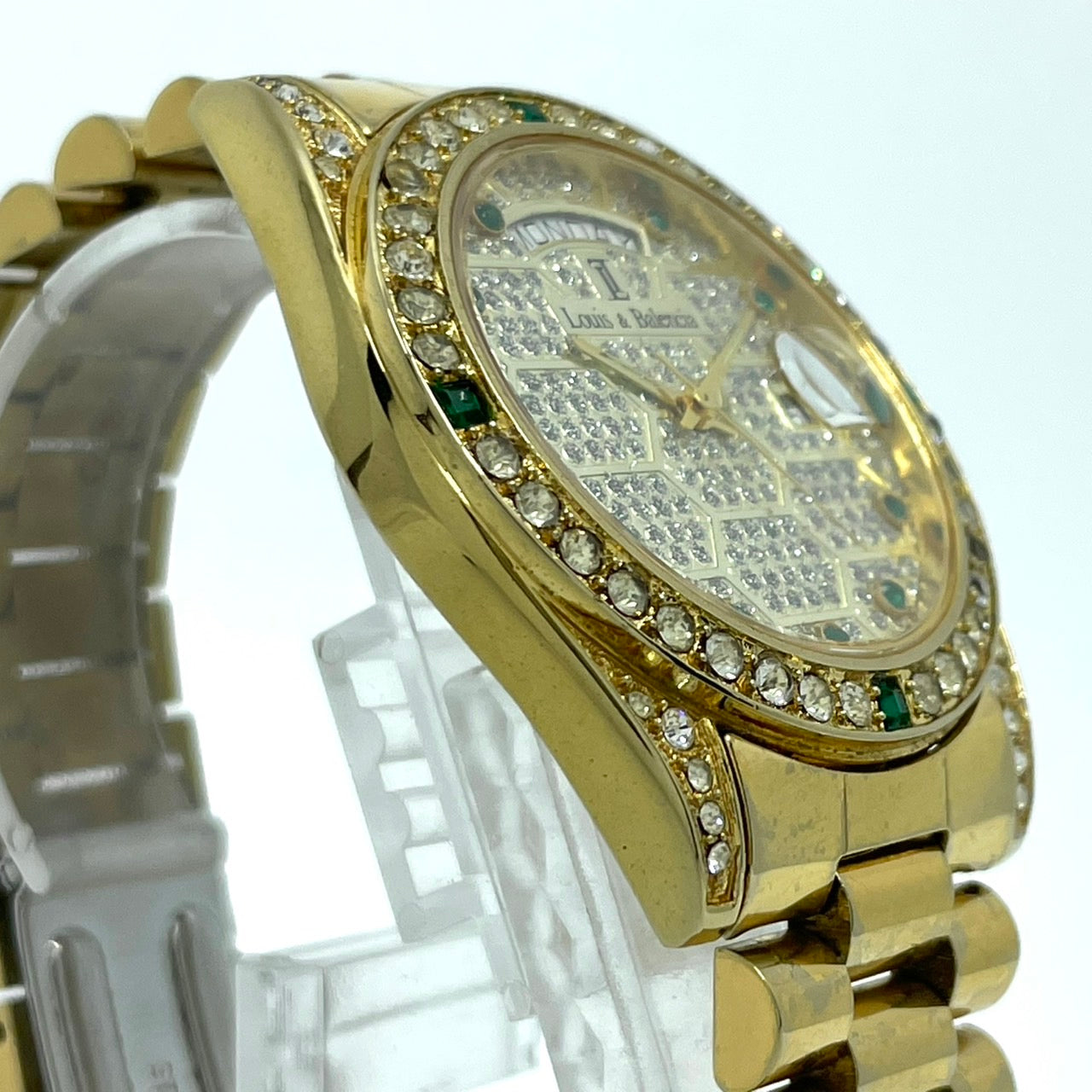 【電池交換済】Louis & Balencia ルイスアンドバレンシア レディース腕時計 クオーツ ゴールド ラインストーン エメラルド ハニカム文字盤 デイデイト カレンダー アナログ ゴージャス エレガント クラシックデザイン クリーニング済 G4
