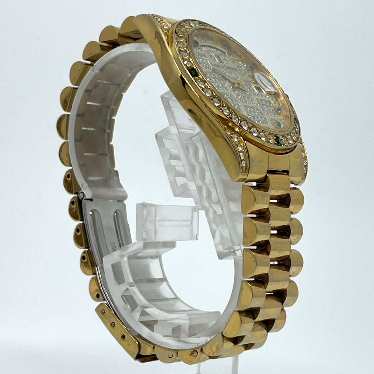 【電池交換済】Louis & Balencia ルイスアンドバレンシア レディース腕時計 クオーツ ゴールド ラインストーン エメラルド ハニカム文字盤 デイデイト カレンダー アナログ ゴージャス エレガント クラシックデザイン クリーニング済 G4