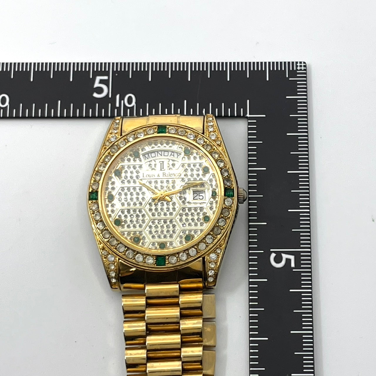 【電池交換済】Louis & Balencia ルイスアンドバレンシア レディース腕時計 クオーツ ゴールド ラインストーン エメラルド ハニカム文字盤 デイデイト カレンダー アナログ ゴージャス エレガント クラシックデザイン クリーニング済 G4