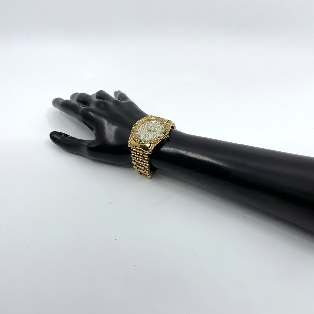 【電池交換済】Louis & Balencia ルイスアンドバレンシア レディース腕時計 クオーツ ゴールド ラインストーン エメラルド ハニカム文字盤 デイデイト カレンダー アナログ ゴージャス エレガント クラシックデザイン クリーニング済 G4