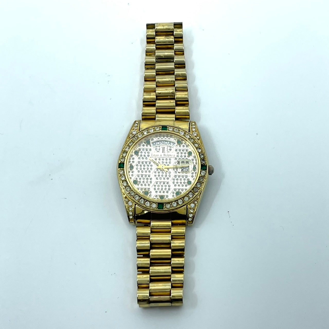 【電池交換済】Louis & Balencia ルイスアンドバレンシア レディース腕時計 クオーツ ゴールド ラインストーン エメラルド ハニカム文字盤 デイデイト カレンダー アナログ ゴージャス エレガント クラシックデザイン クリーニング済 G4