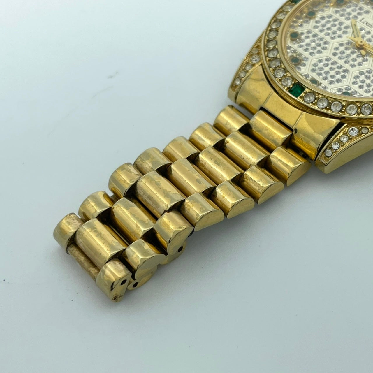 【電池交換済】Louis & Balencia ルイスアンドバレンシア レディース腕時計 クオーツ ゴールド ラインストーン エメラルド ハニカム文字盤 デイデイト カレンダー アナログ ゴージャス エレガント クラシックデザイン クリーニング済 G4