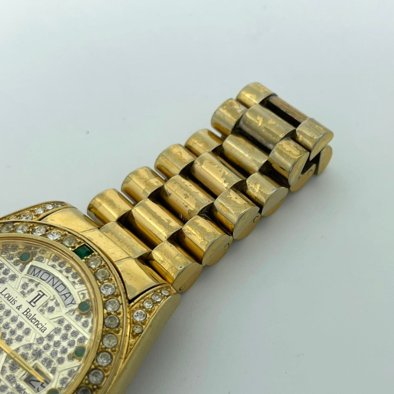 【電池交換済】Louis & Balencia ルイスアンドバレンシア レディース腕時計 クオーツ ゴールド ラインストーン エメラルド ハニカム文字盤 デイデイト カレンダー アナログ ゴージャス エレガント クラシックデザイン クリーニング済 G4