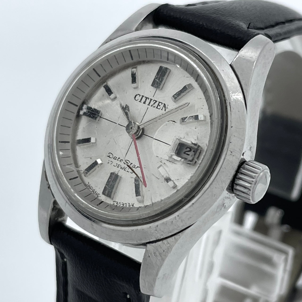 【デッドストック/稼働品】CITIZEN シチズン Date Star デイトスター レディース 腕時計 手巻き 17石 シルバー ブラックレザー ラウンド デイト 希少 昭和レトロ アンティーク ビンテージ クラシック エレガント ドレスウォッチ 新品ベルト交換済（社外品） G4