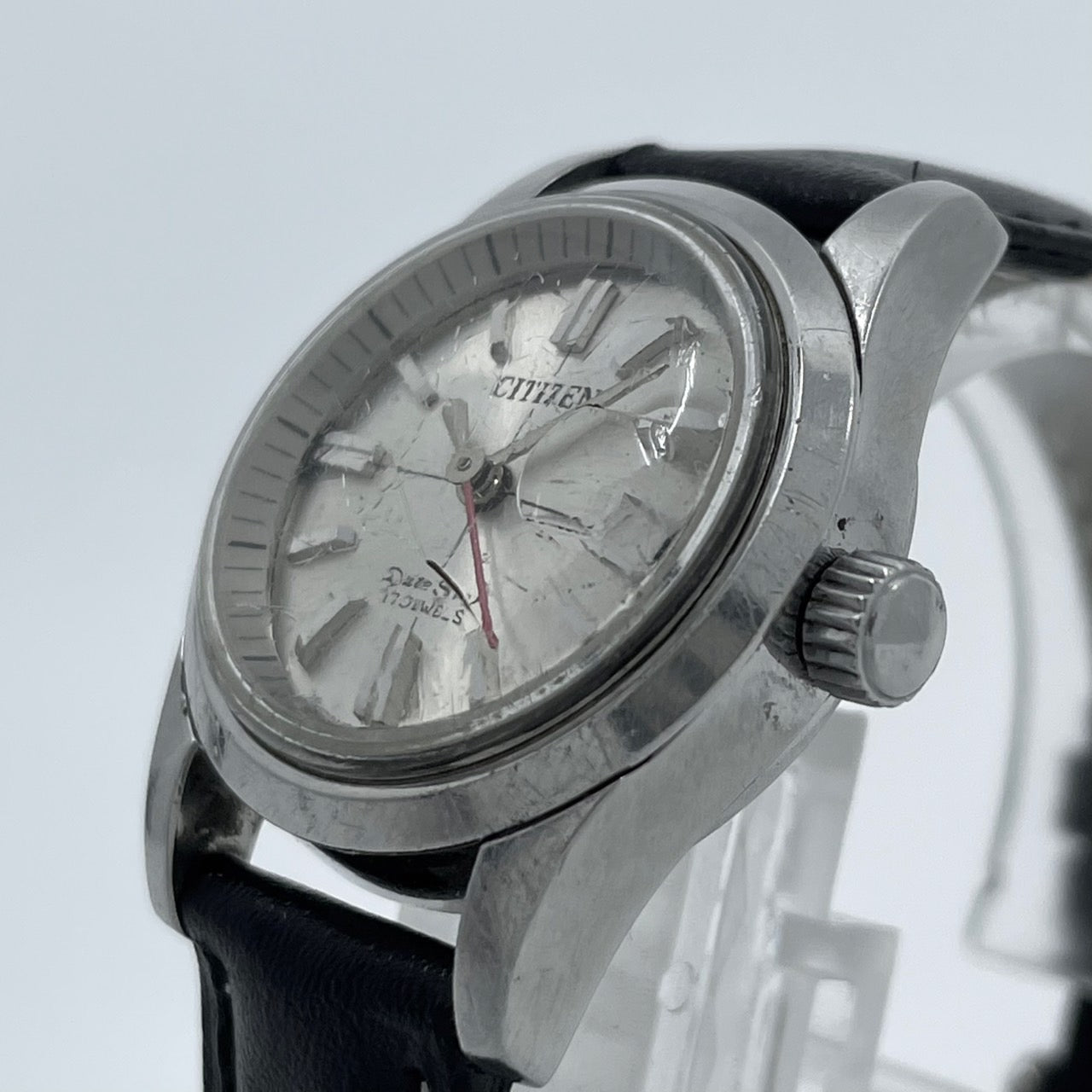 【デッドストック/稼働品】CITIZEN シチズン Date Star デイトスター レディース 腕時計 手巻き 17石 シルバー ブラックレザー ラウンド デイト 希少 昭和レトロ アンティーク ビンテージ クラシック エレガント ドレスウォッチ 新品ベルト交換済（社外品） G4