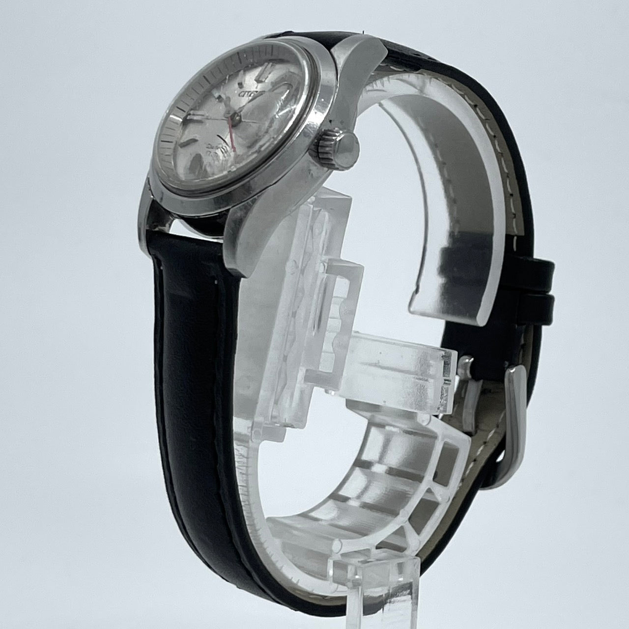 【デッドストック/稼働品】CITIZEN シチズン Date Star デイトスター レディース 腕時計 手巻き 17石 シルバー ブラックレザー ラウンド デイト 希少 昭和レトロ アンティーク ビンテージ クラシック エレガント ドレスウォッチ 新品ベルト交換済（社外品） G4