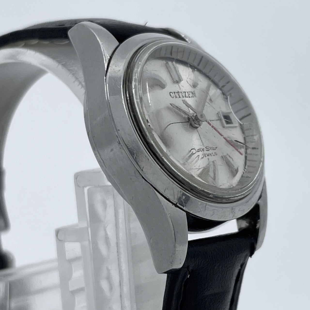 【デッドストック/稼働品】CITIZEN シチズン Date Star デイトスター レディース 腕時計 手巻き 17石 シルバー ブラックレザー ラウンド デイト 希少 昭和レトロ アンティーク ビンテージ クラシック エレガント ドレスウォッチ 新品ベルト交換済（社外品） G4