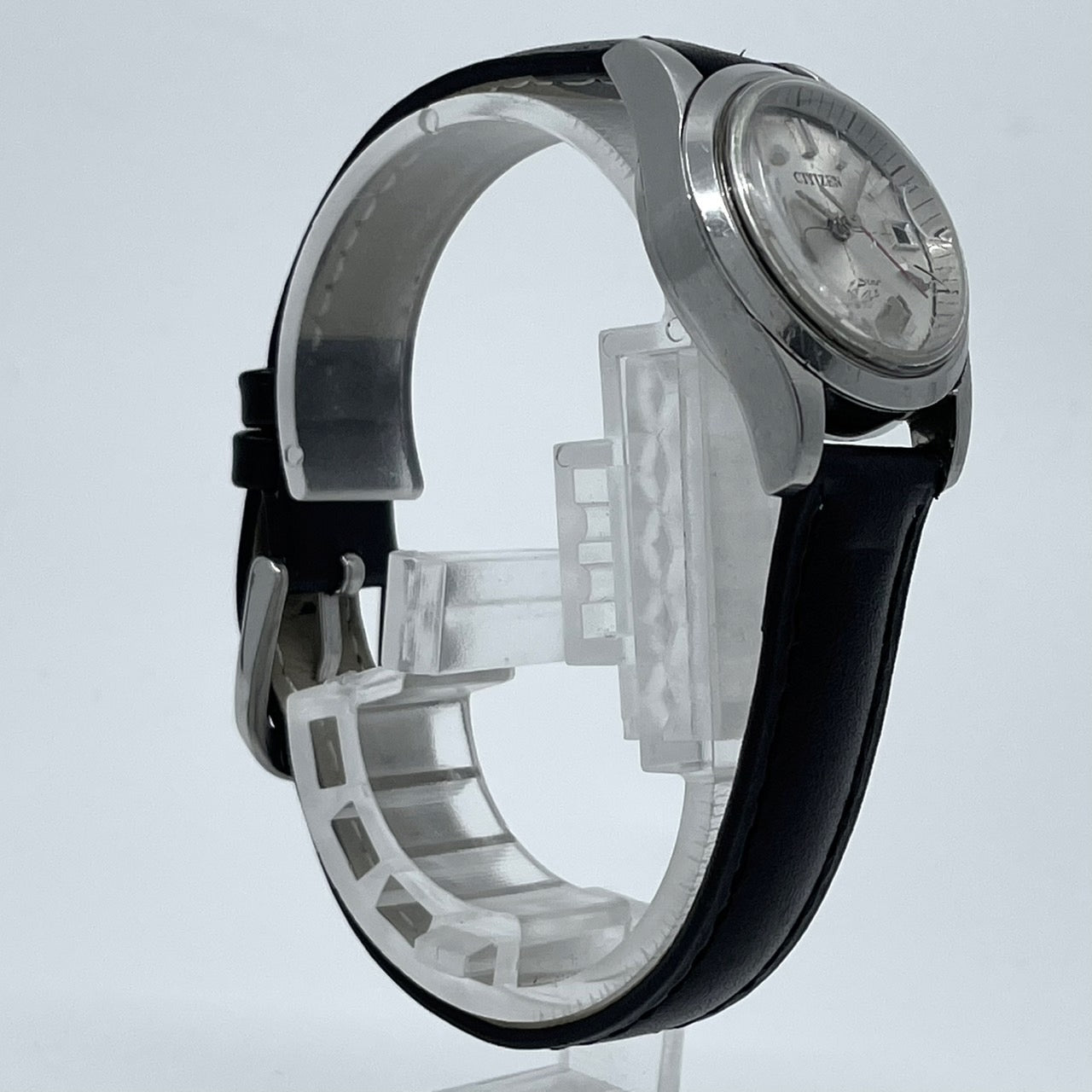 【デッドストック/稼働品】CITIZEN シチズン Date Star デイトスター レディース 腕時計 手巻き 17石 シルバー ブラックレザー ラウンド デイト 希少 昭和レトロ アンティーク ビンテージ クラシック エレガント ドレスウォッチ 新品ベルト交換済（社外品） G4