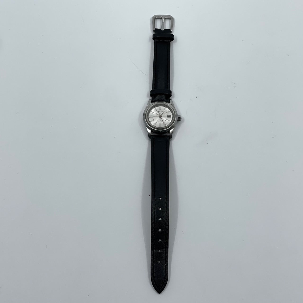 【デッドストック/稼働品】CITIZEN シチズン Date Star デイトスター レディース 腕時計 手巻き 17石 シルバー ブラックレザー ラウンド デイト 希少 昭和レトロ アンティーク ビンテージ クラシック エレガント ドレスウォッチ 新品ベルト交換済（社外品） G4