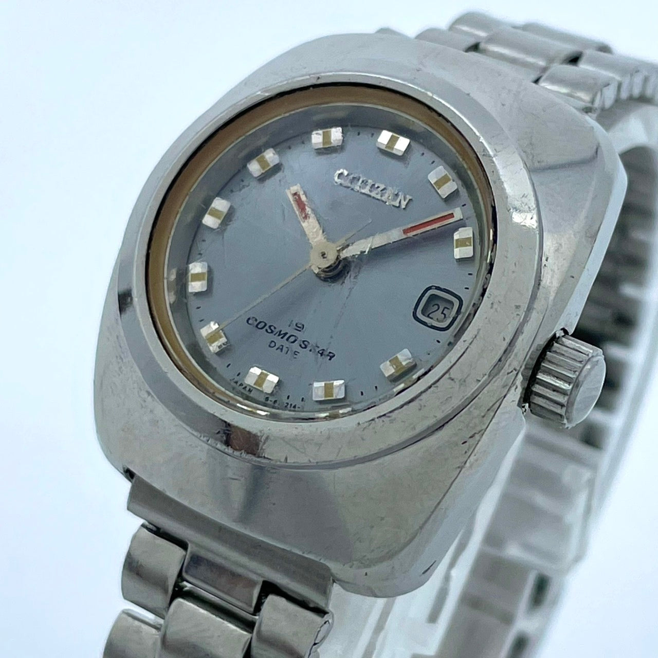 【稼働品】CITIZEN シチズン コスモスター デイト レディース 腕時計 自動巻き 19石 シルバー ブルー文字盤 トノー型 レトロ アンティーク ビンテージ クラシック エレガント ドレスウォッチ 希少モデル クリーニング済み G4