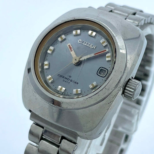 【稼働品】CITIZEN シチズン コスモスター デイト レディース 腕時計 自動巻き 19石 シルバー ブルー文字盤 トノー型 レトロ アンティーク ビンテージ クラシック エレガント ドレスウォッチ 希少モデル クリーニング済み G4