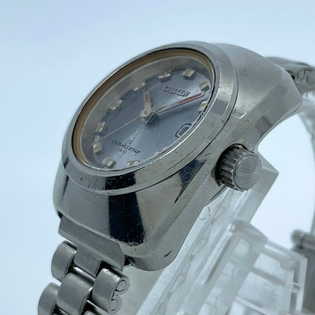 【稼働品】CITIZEN シチズン コスモスター デイト レディース 腕時計 自動巻き 19石 シルバー ブルー文字盤 トノー型 レトロ アンティーク ビンテージ クラシック エレガント ドレスウォッチ 希少モデル クリーニング済み G4