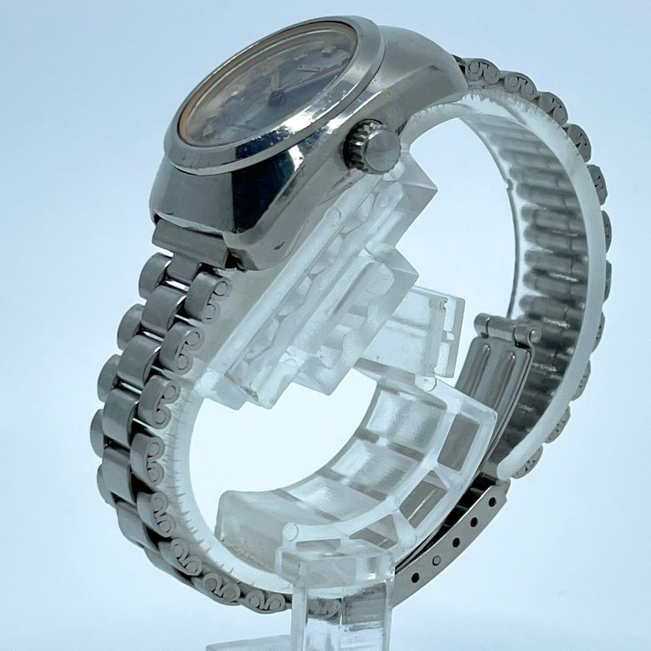 【稼働品】CITIZEN シチズン コスモスター デイト レディース 腕時計 自動巻き 19石 シルバー ブルー文字盤 トノー型 レトロ アンティーク ビンテージ クラシック エレガント ドレスウォッチ 希少モデル クリーニング済み G4