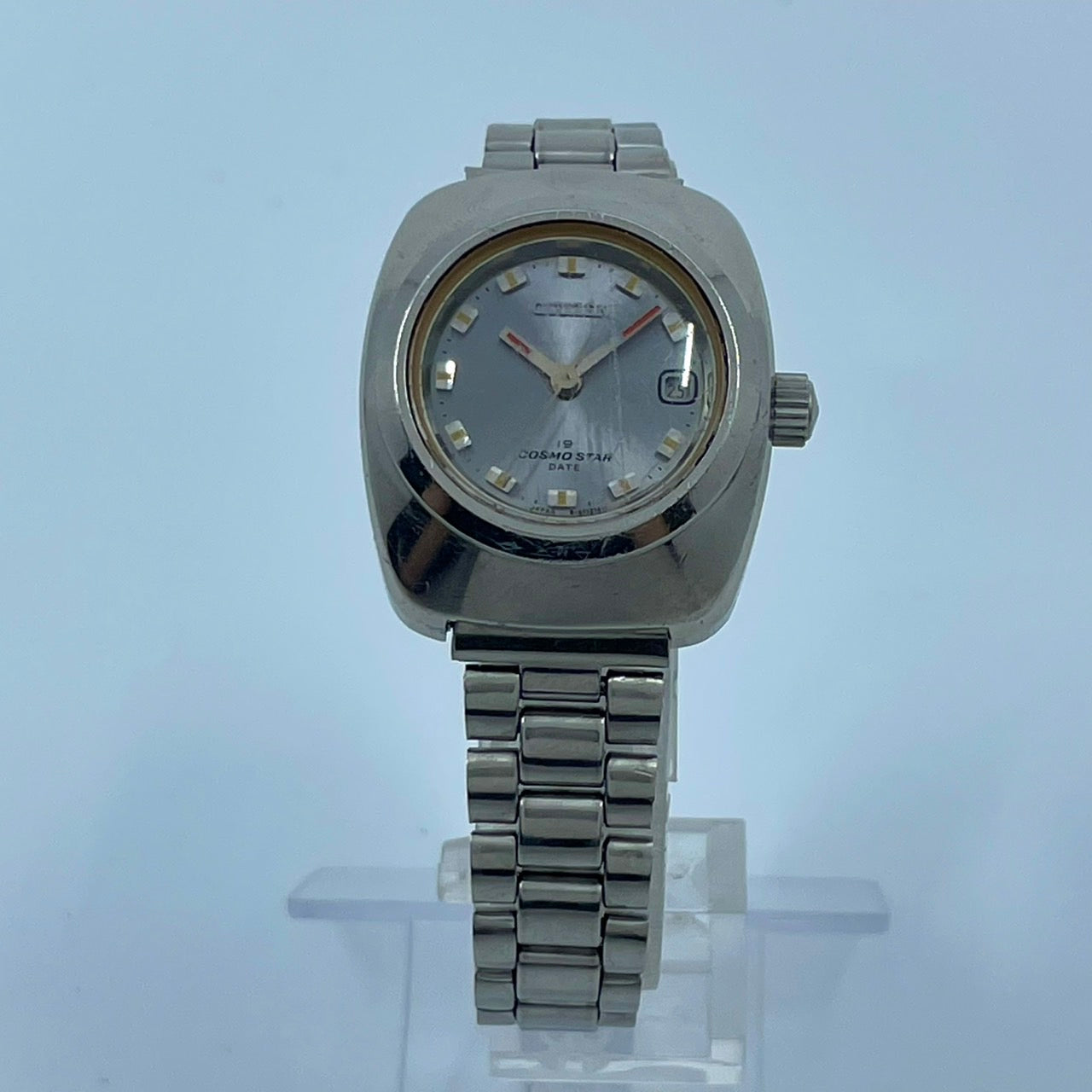 【稼働品】CITIZEN シチズン コスモスター デイト レディース 腕時計 自動巻き 19石 シルバー ブルー文字盤 トノー型 レトロ アンティーク ビンテージ クラシック エレガント ドレスウォッチ 希少モデル クリーニング済み G4