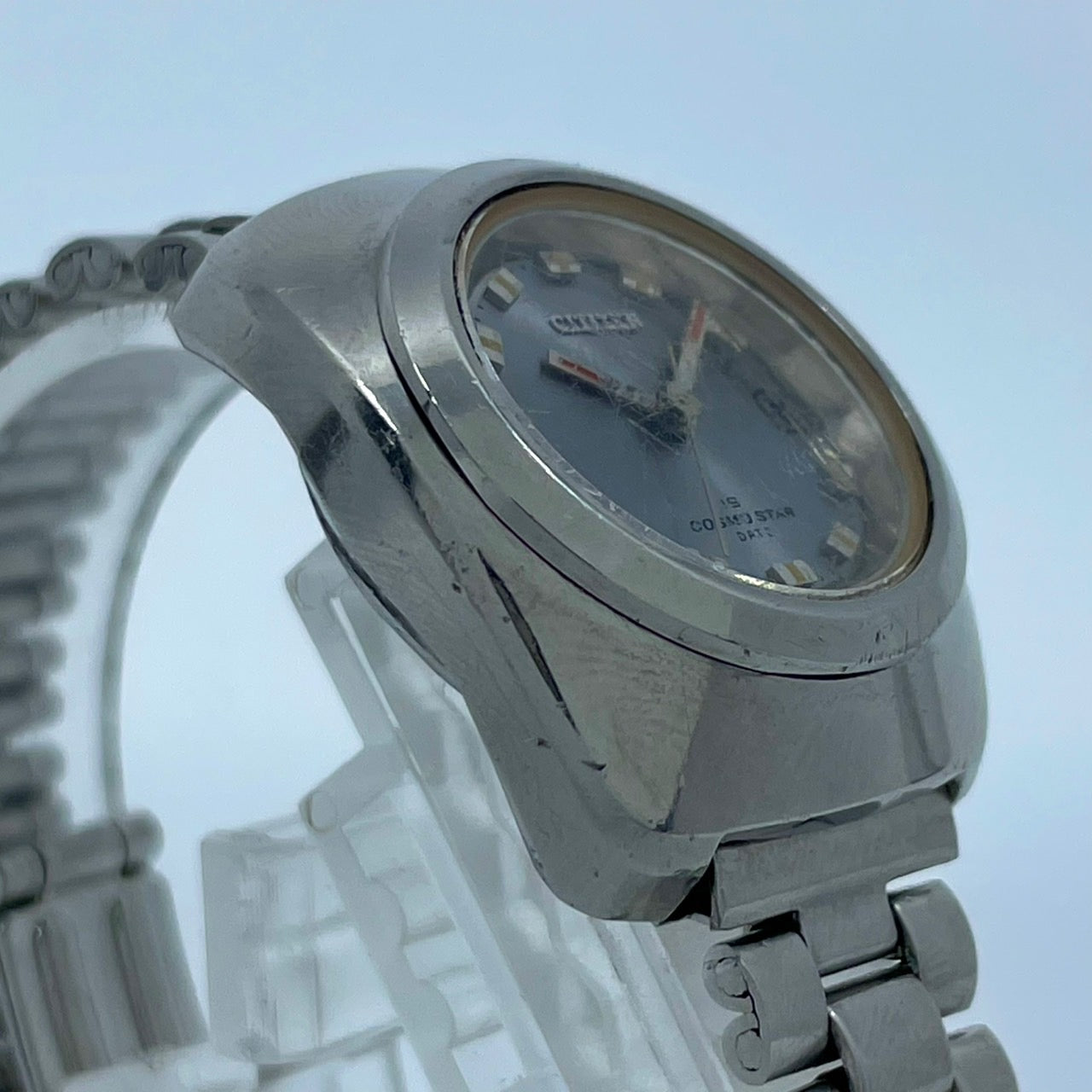 【稼働品】CITIZEN シチズン コスモスター デイト レディース 腕時計 自動巻き 19石 シルバー ブルー文字盤 トノー型 レトロ アンティーク ビンテージ クラシック エレガント ドレスウォッチ 希少モデル クリーニング済み G4