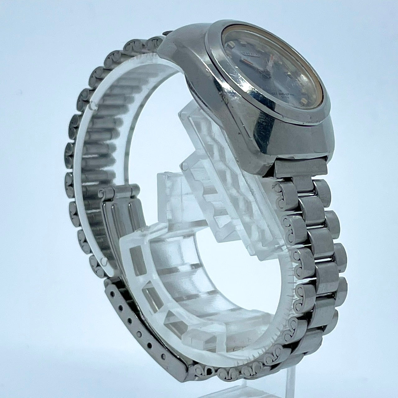 【稼働品】CITIZEN シチズン コスモスター デイト レディース 腕時計 自動巻き 19石 シルバー ブルー文字盤 トノー型 レトロ アンティーク ビンテージ クラシック エレガント ドレスウォッチ 希少モデル クリーニング済み G4