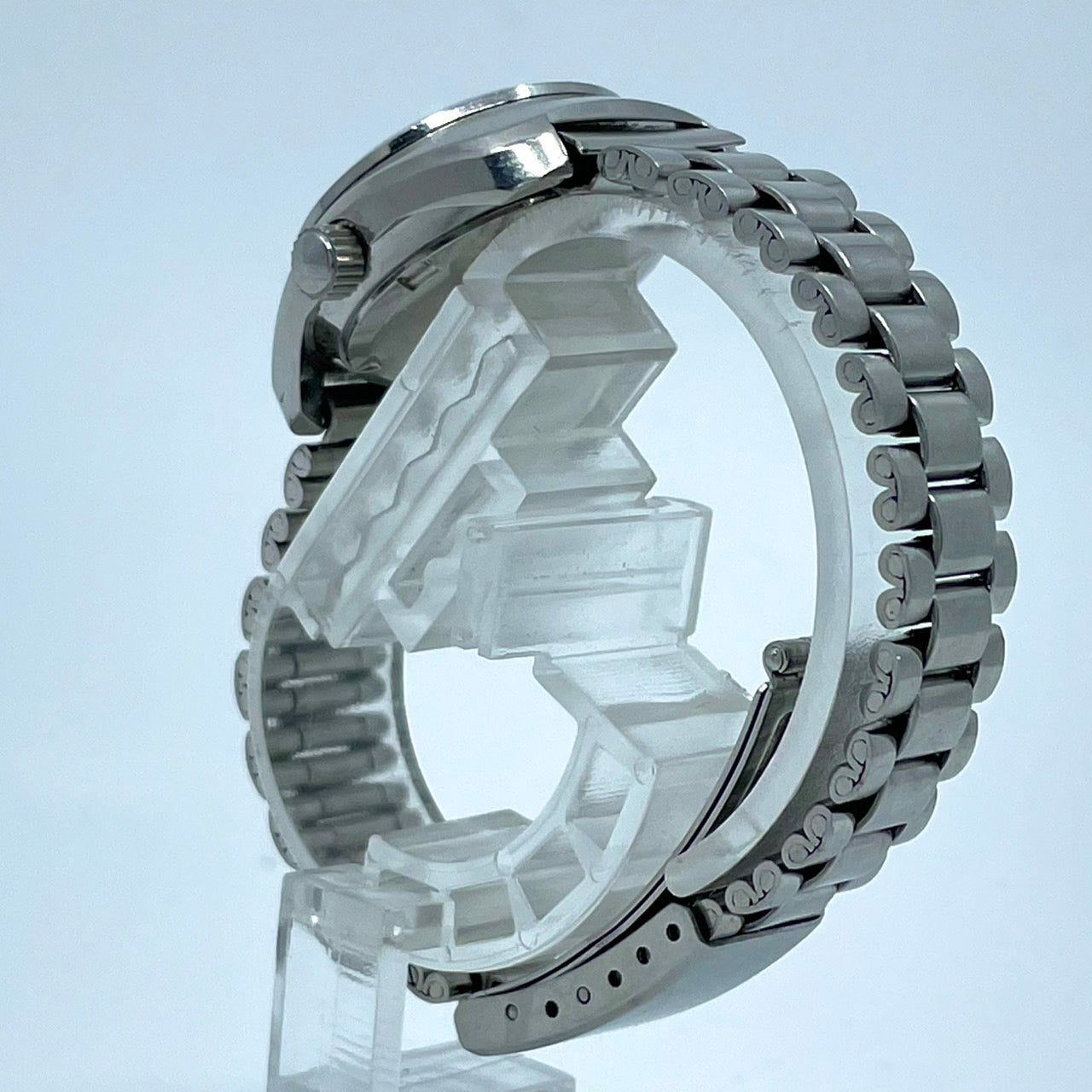 【稼働品】CITIZEN シチズン コスモスター デイト レディース 腕時計 自動巻き 19石 シルバー ブルー文字盤 トノー型 レトロ アンティーク ビンテージ クラシック エレガント ドレスウォッチ 希少モデル クリーニング済み G4