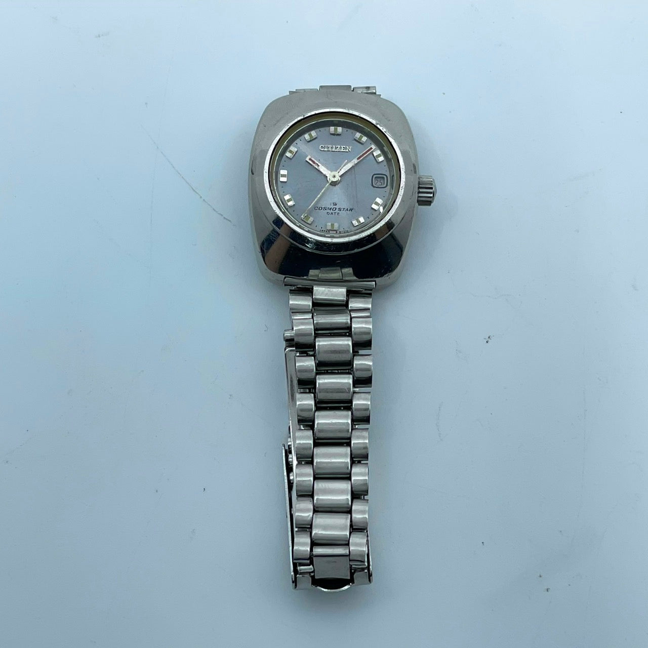 【稼働品】CITIZEN シチズン コスモスター デイト レディース 腕時計 自動巻き 19石 シルバー ブルー文字盤 トノー型 レトロ アンティーク ビンテージ クラシック エレガント ドレスウォッチ 希少モデル クリーニング済み G4