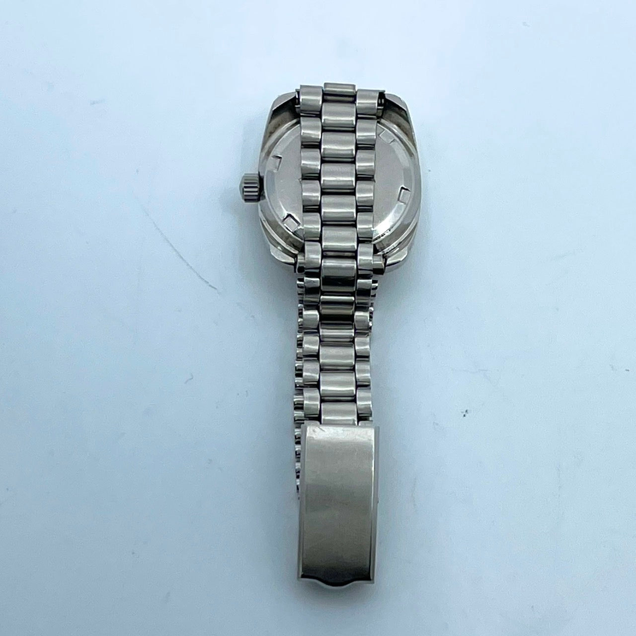 【稼働品】CITIZEN シチズン コスモスター デイト レディース 腕時計 自動巻き 19石 シルバー ブルー文字盤 トノー型 レトロ アンティーク ビンテージ クラシック エレガント ドレスウォッチ 希少モデル クリーニング済み G4