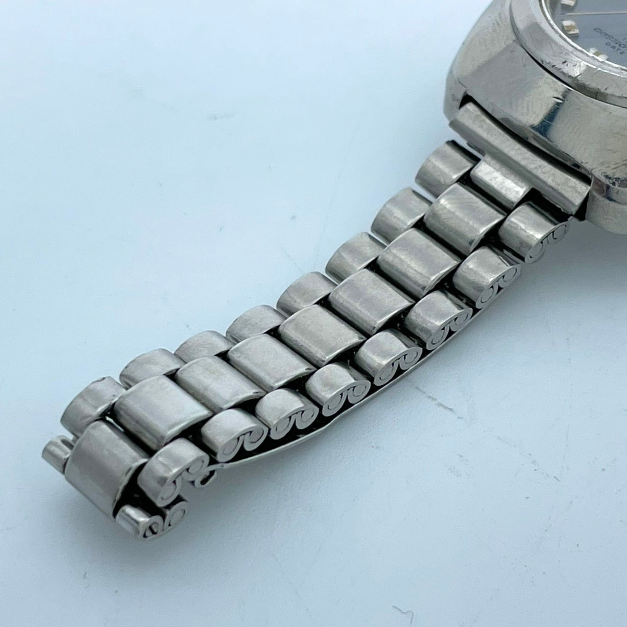 【稼働品】CITIZEN シチズン コスモスター デイト レディース 腕時計 自動巻き 19石 シルバー ブルー文字盤 トノー型 レトロ アンティーク ビンテージ クラシック エレガント ドレスウォッチ 希少モデル クリーニング済み G4