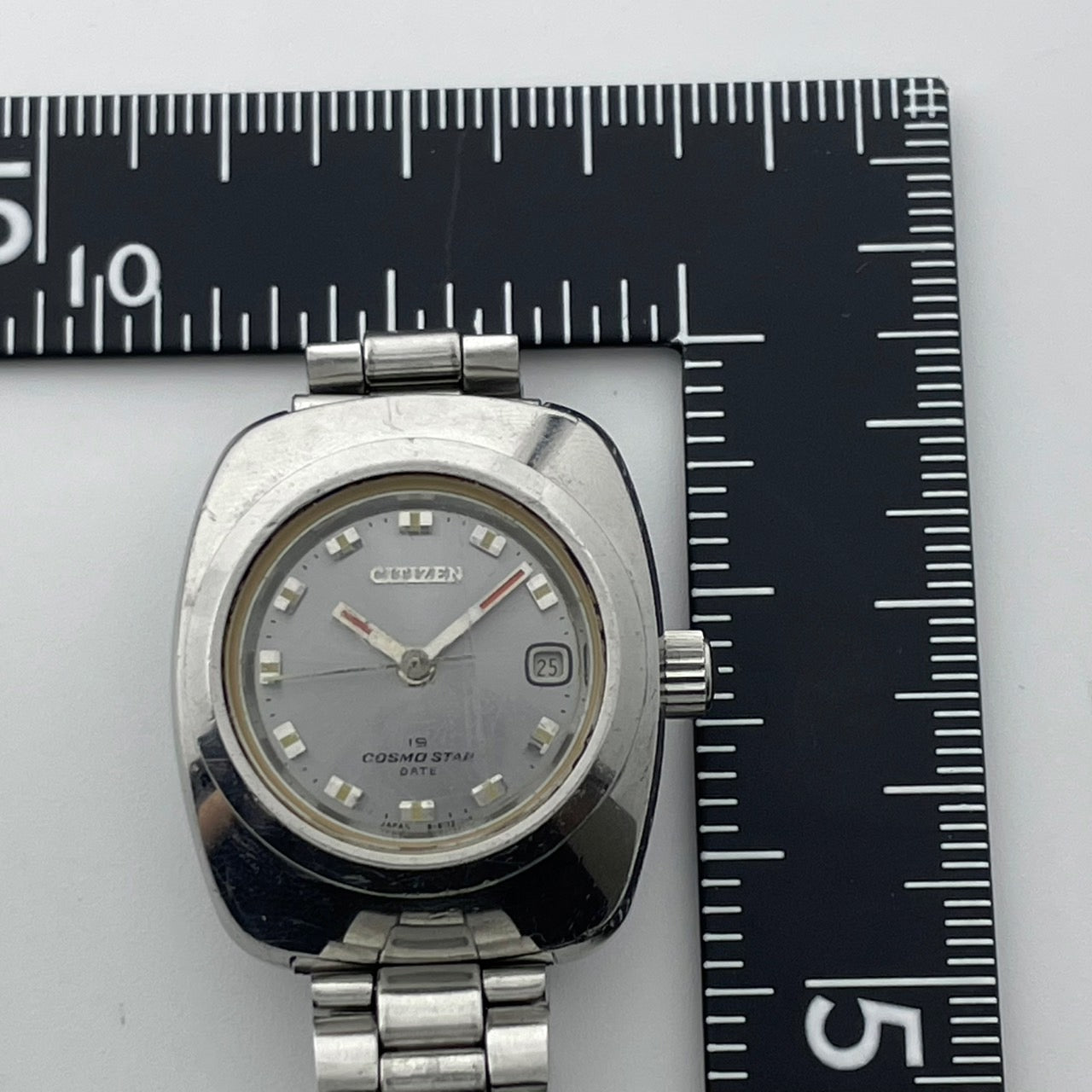 【稼働品】CITIZEN シチズン コスモスター デイト レディース 腕時計 自動巻き 19石 シルバー ブルー文字盤 トノー型 レトロ アンティーク ビンテージ クラシック エレガント ドレスウォッチ 希少モデル クリーニング済み G4