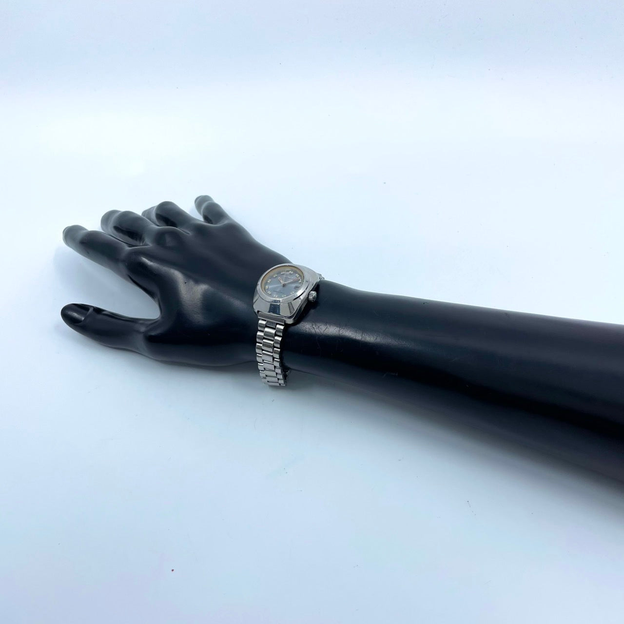 【稼働品】CITIZEN シチズン コスモスター デイト レディース 腕時計 自動巻き 19石 シルバー ブルー文字盤 トノー型 レトロ アンティーク ビンテージ クラシック エレガント ドレスウォッチ 希少モデル クリーニング済み G4