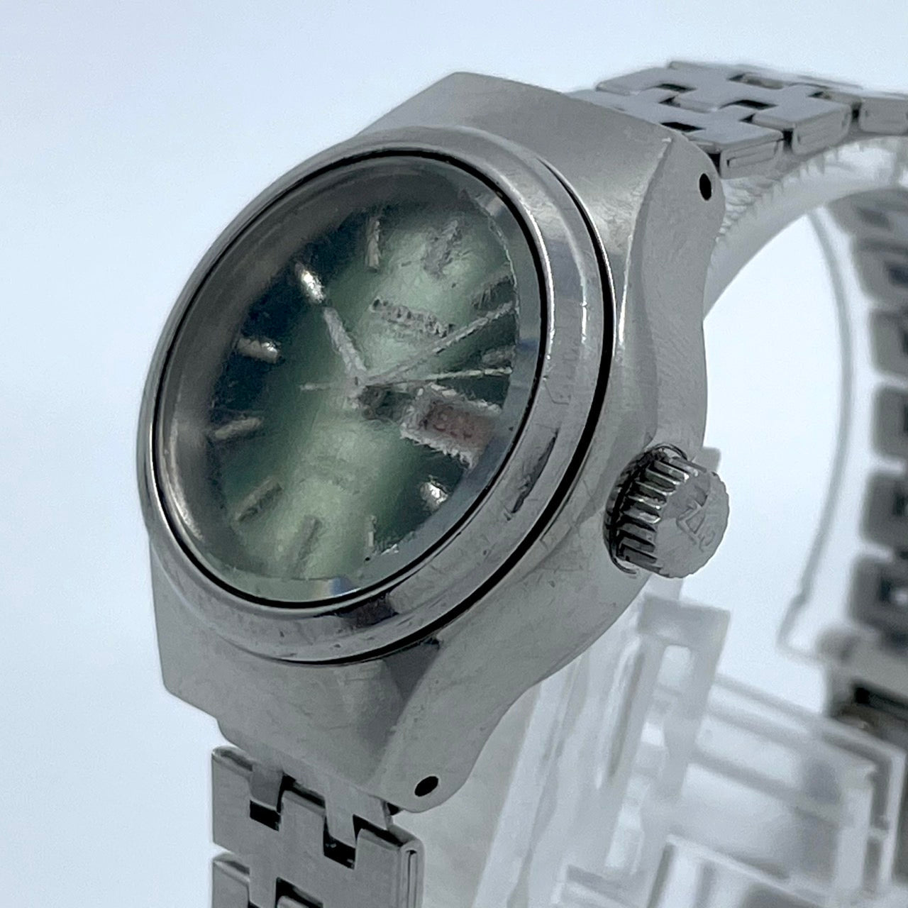 【稼働品】CITIZEN シチズン レディース 腕時計 4-661001 自動巻き グリーン文字盤 シルバー ラウンド デイデイト 曜日 日付表示 希少 アンティーク ビンテージ クラシック エレガント ドレスウォッチ クリーニング済み G4