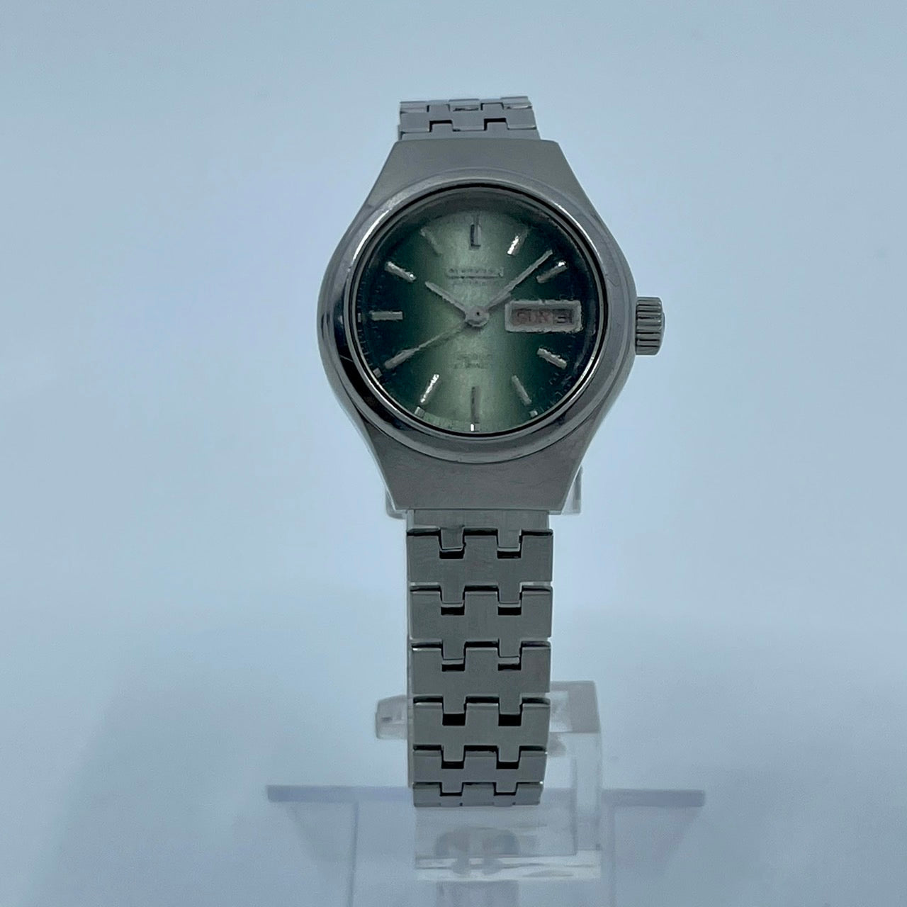 【稼働品】CITIZEN シチズン レディース 腕時計 4-661001 自動巻き グリーン文字盤 シルバー ラウンド デイデイト 曜日 日付表示 希少 アンティーク ビンテージ クラシック エレガント ドレスウォッチ クリーニング済み G4