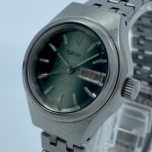 【稼働品】CITIZEN シチズン レディース 腕時計 4-661001 自動巻き グリーン文字盤 シルバー ラウンド デイデイト 曜日 日付表示 希少 アンティーク ビンテージ クラシック エレガント ドレスウォッチ クリーニング済み G4