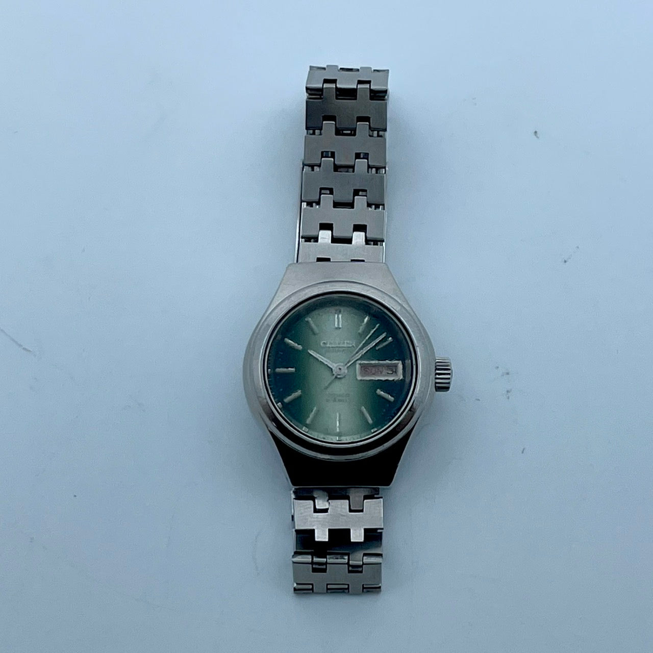 【稼働品】CITIZEN シチズン レディース 腕時計 4-661001 自動巻き グリーン文字盤 シルバー ラウンド デイデイト 曜日 日付表示 希少 アンティーク ビンテージ クラシック エレガント ドレスウォッチ クリーニング済み G4