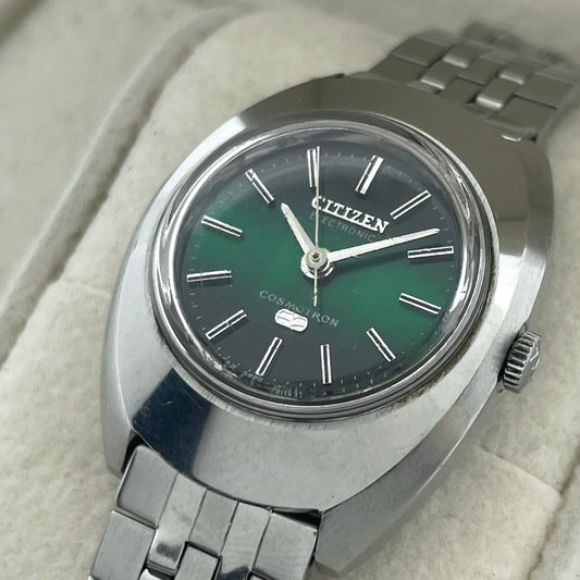 【稼働品】CITIZEN シチズン コスモトロン 電子時計 レディース 腕時計 グリーン文字盤 シルバー トノー型 希少 昭和レトロ アンティーク ビンテージ クラシック エレガント ドレスウォッチ クリーニング済み G4