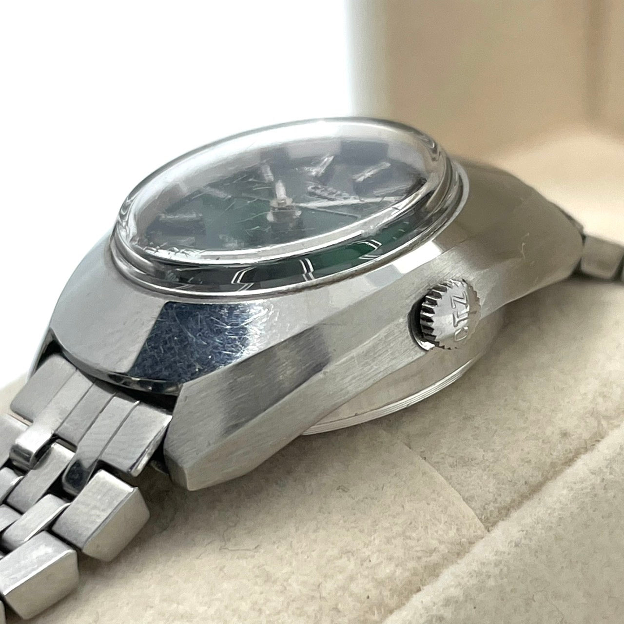 【稼働品】CITIZEN シチズン コスモトロン 電子時計 レディース 腕時計 グリーン文字盤 シルバー トノー型 希少 昭和レトロ アンティーク ビンテージ クラシック エレガント ドレスウォッチ クリーニング済み G4