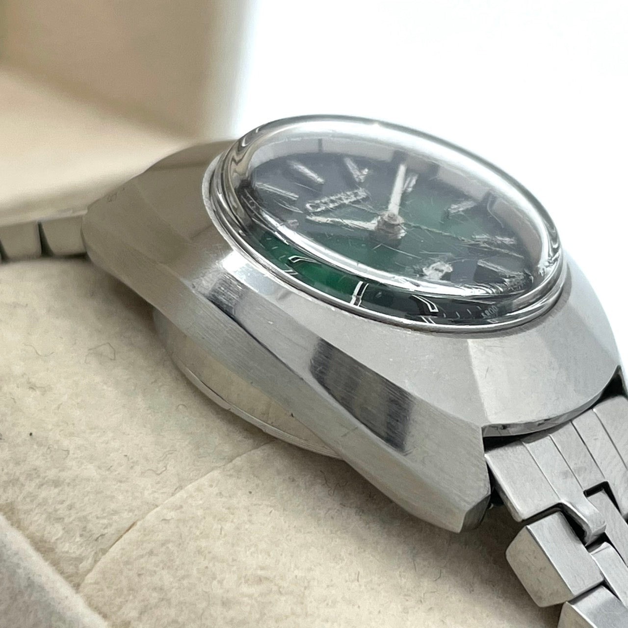 【稼働品】CITIZEN シチズン コスモトロン 電子時計 レディース 腕時計 グリーン文字盤 シルバー トノー型 希少 昭和レトロ アンティーク ビンテージ クラシック エレガント ドレスウォッチ クリーニング済み G4