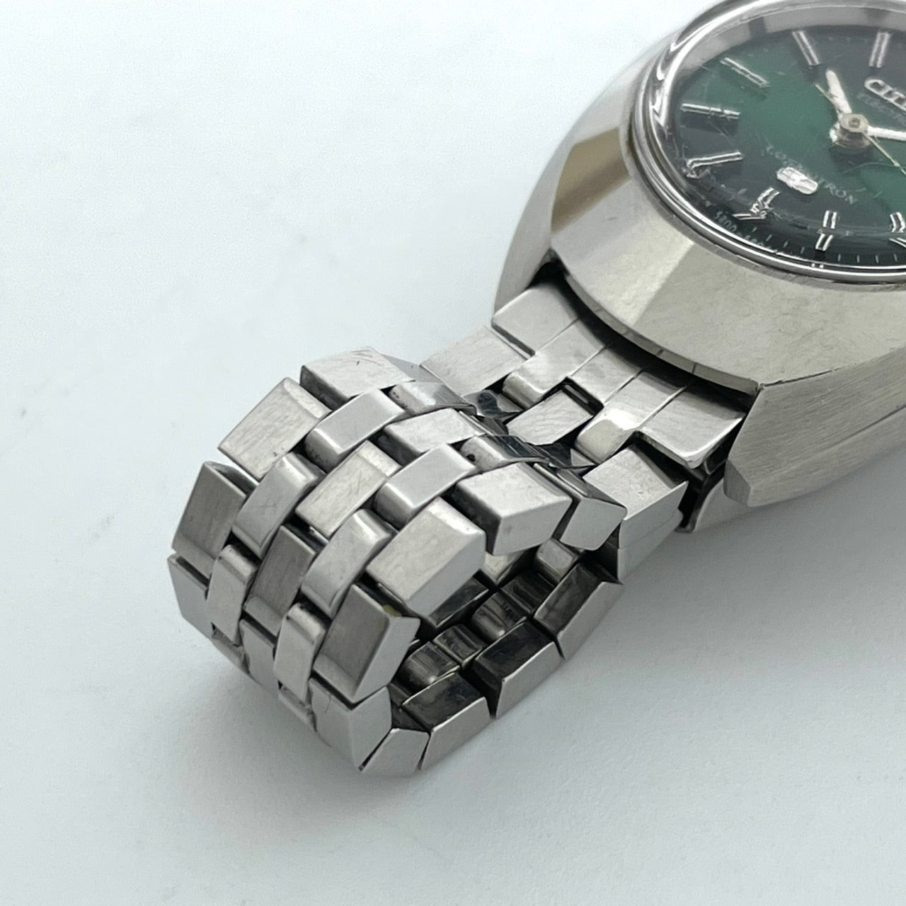 【稼働品】CITIZEN シチズン コスモトロン 電子時計 レディース 腕時計 グリーン文字盤 シルバー トノー型 希少 昭和レトロ アンティーク ビンテージ クラシック エレガント ドレスウォッチ クリーニング済み G4