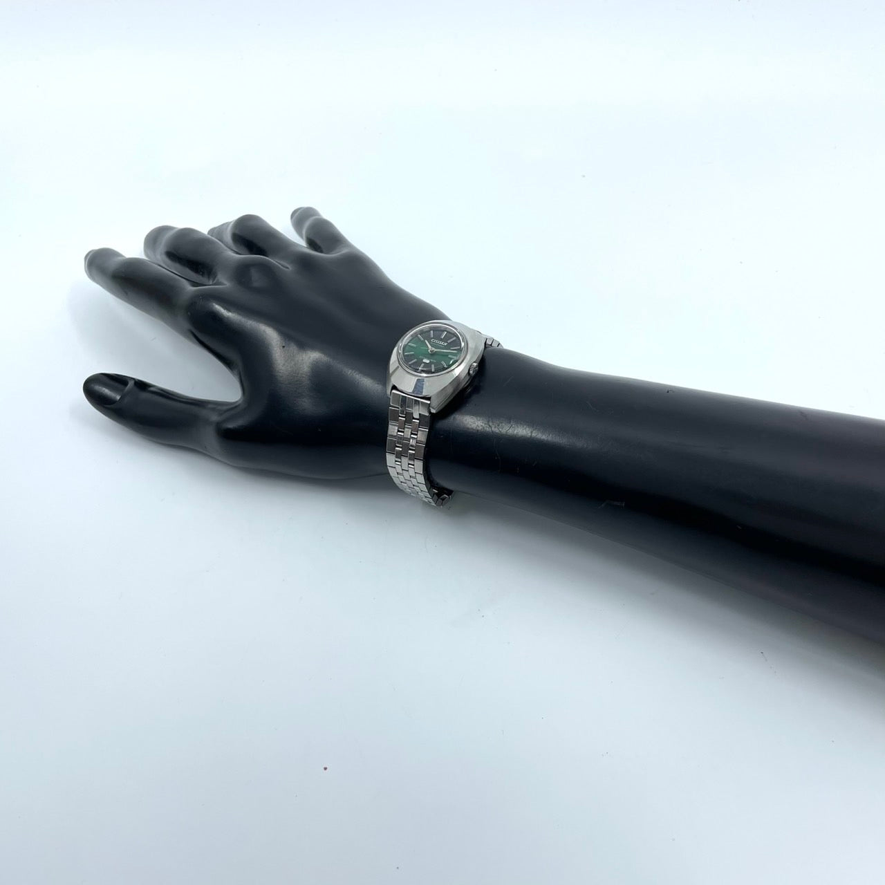 【稼働品】CITIZEN シチズン コスモトロン 電子時計 レディース 腕時計 グリーン文字盤 シルバー トノー型 希少 昭和レトロ アンティーク ビンテージ クラシック エレガント ドレスウォッチ クリーニング済み G4