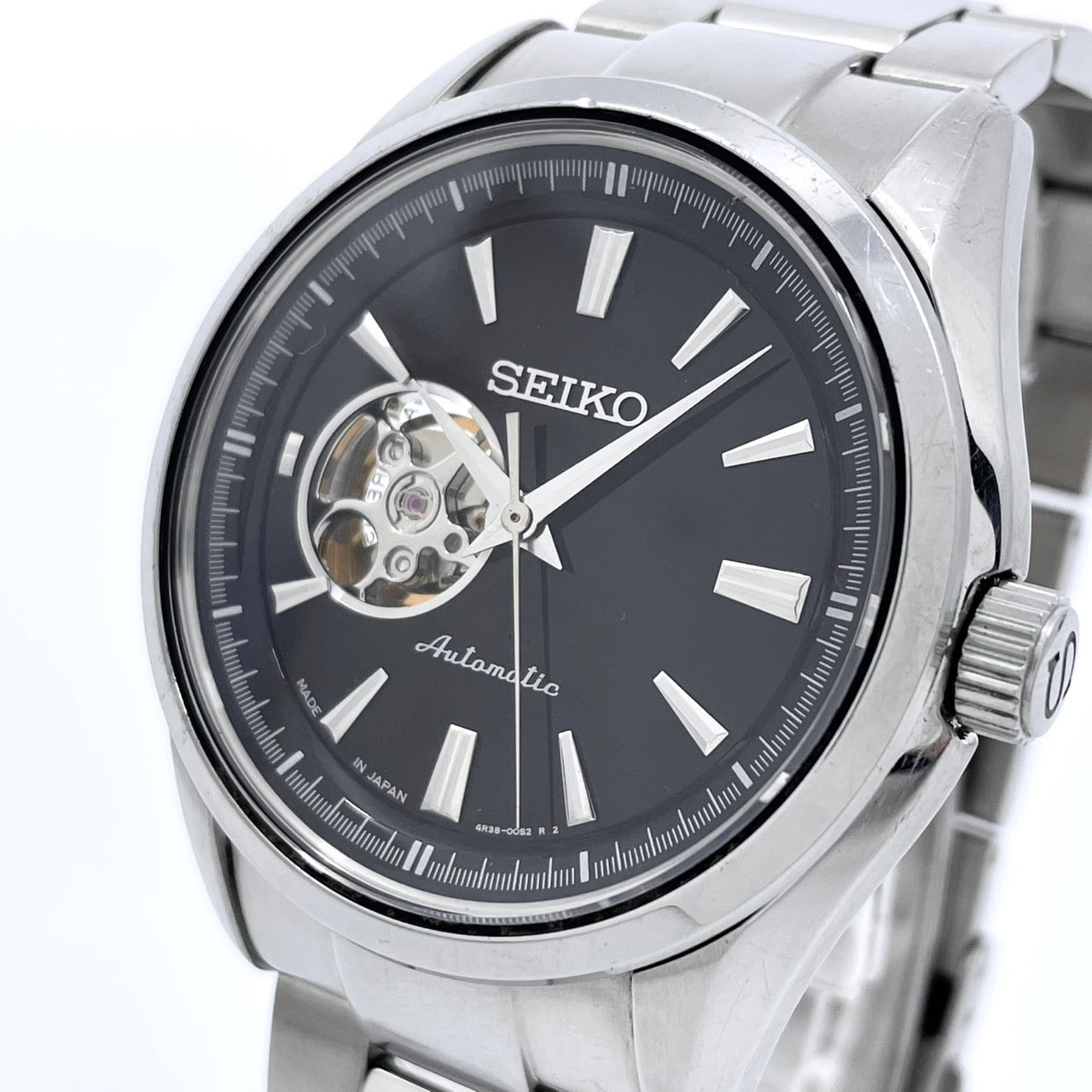 SEIKO セイコー プレサージュ メカニカル 4R38-00S0 メンズ 腕時計 自動巻き オープンハート スケルトン ブラック文字盤 シルバー ステンレススチール アナログ 裏スケ シースルーバック ドレスウォッチ ビジネス G4